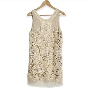 ANTHROPOLOGIE Corey Lynn Calter crochet Knit Mini Shift Dress Beige 4 Sleeveless